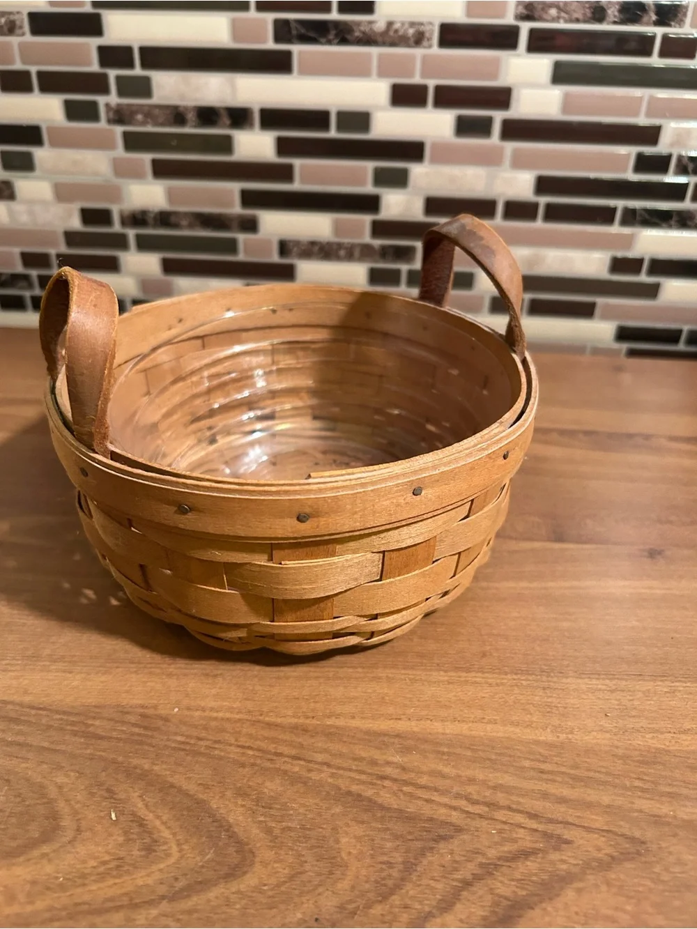 Vintage Round Longaberger Rustic Brown Woven Wood Basket with Handles